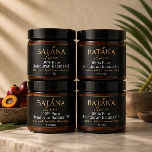 Four jars of Batana Luxe 100% Pure Honduran Batana Oil with batana palm fruit