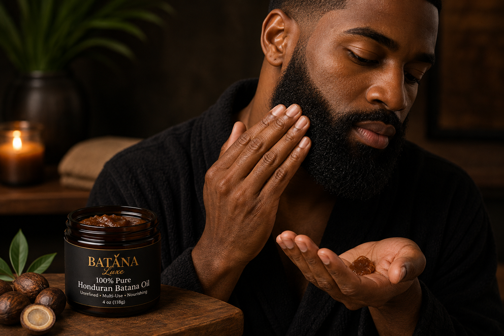 Applying Batana Oil to a beard to condition and soften